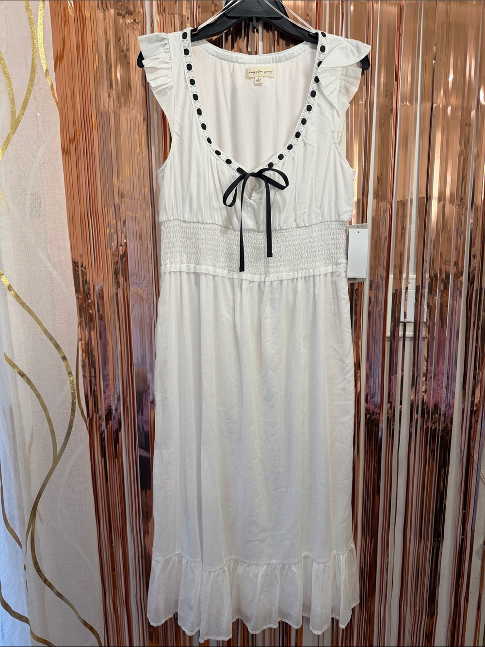 Kingston White Midi Dress with Black Ribbon Detail